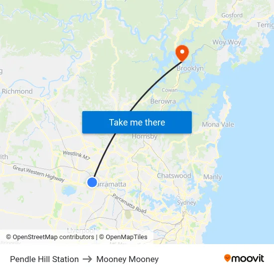 Pendle Hill Station to Mooney Mooney map