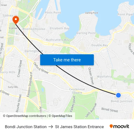 Bondi Junction Station to St James Station Entrance map