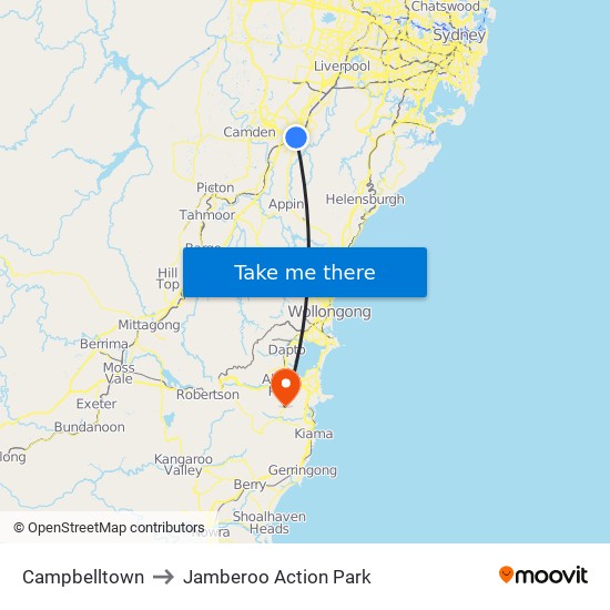 Campbelltown to Jamberoo Action Park map