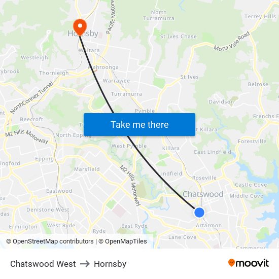 Chatswood West to Hornsby map