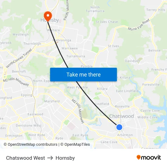 Chatswood West to Hornsby map