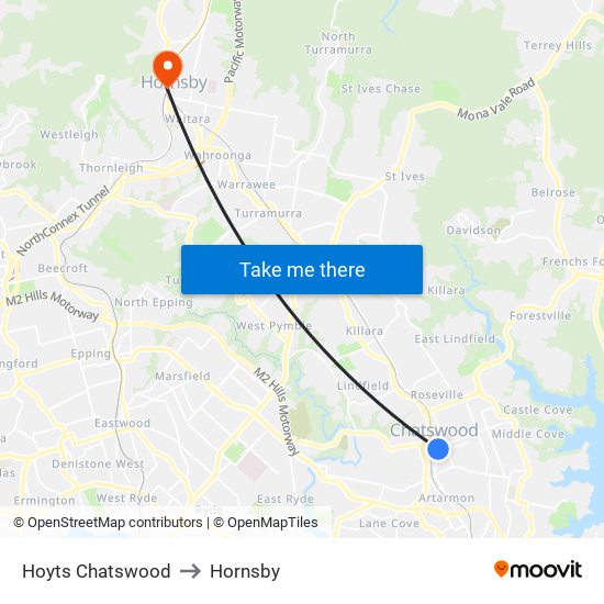 Hoyts Chatswood to Hornsby map