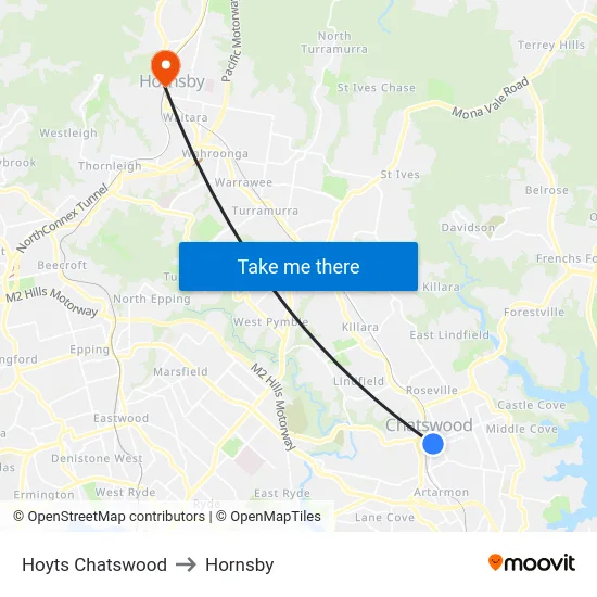 Hoyts Chatswood to Hornsby map