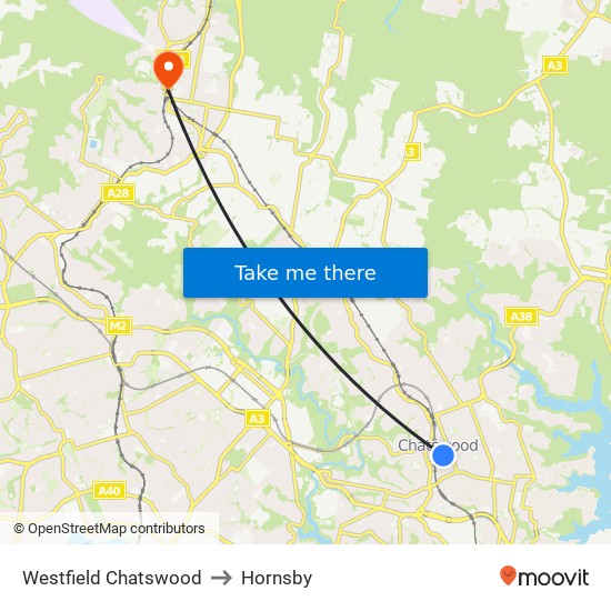 Westfield Chatswood to Hornsby map