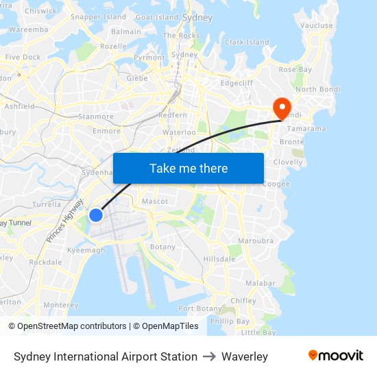 Sydney International Airport Station to Waverley map