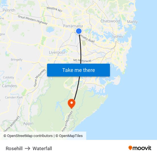 Rosehill to Waterfall map