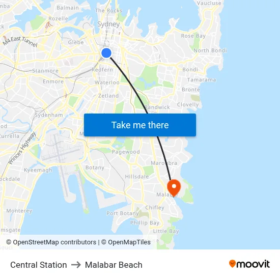 Central Station to Malabar Beach map