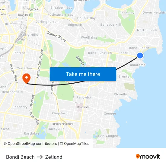 Bondi Beach to Zetland map