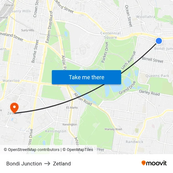 Bondi Junction to Zetland map