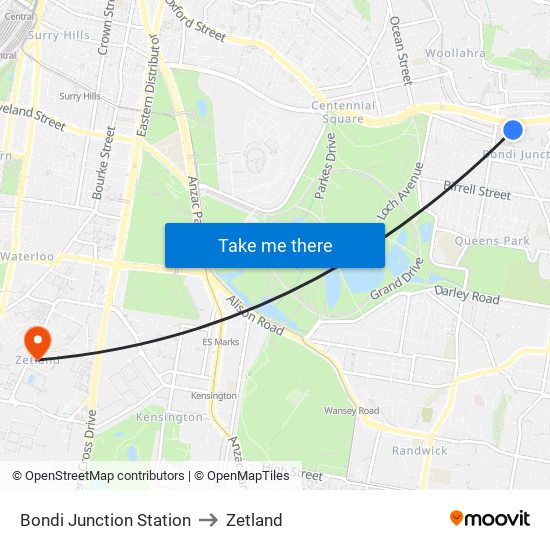 Bondi Junction Station to Zetland map