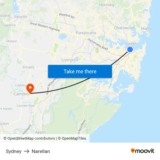 Sydney to Narellan map