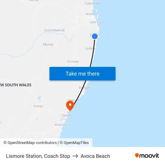 Lismore Station, Coach Stop to Avoca Beach map