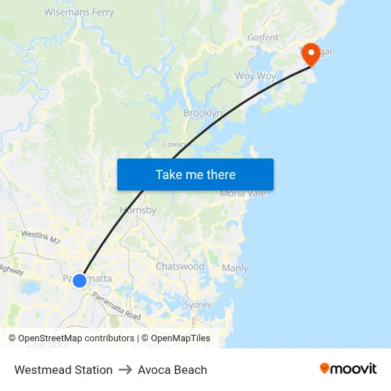 Westmead Station to Avoca Beach map