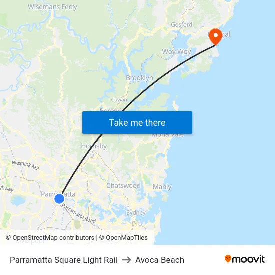 Parramatta Square Light Rail to Avoca Beach map