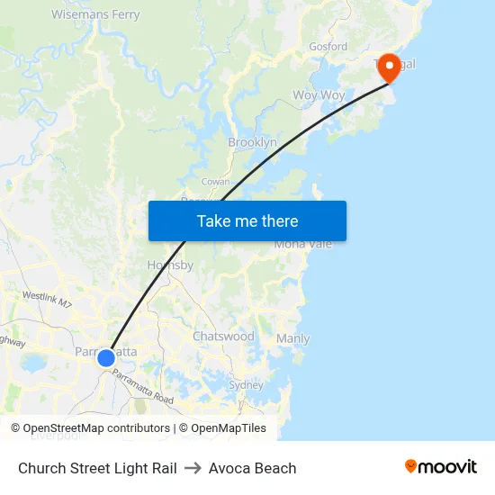 Church Street Light Rail to Avoca Beach map