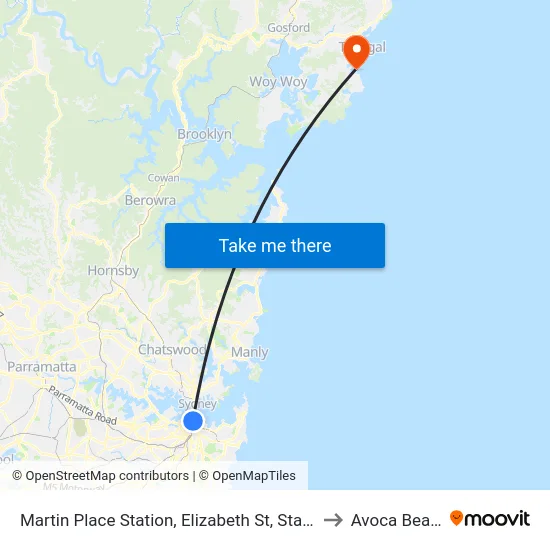 Martin Place Station, Elizabeth St, Stand G to Avoca Beach map