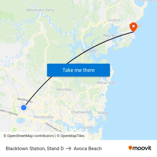 Blacktown Station, Stand D to Avoca Beach map