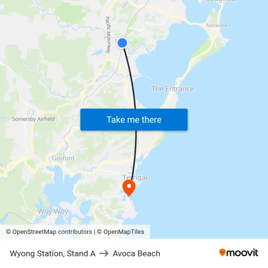 Wyong Station, Stand A to Avoca Beach map