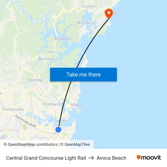 Central Grand Concourse Light Rail to Avoca Beach map