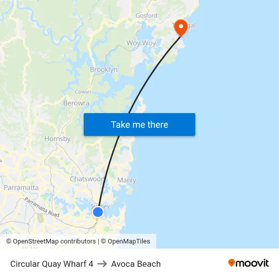 Circular Quay Wharf 4 to Avoca Beach map