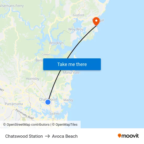 Chatswood Station to Avoca Beach map