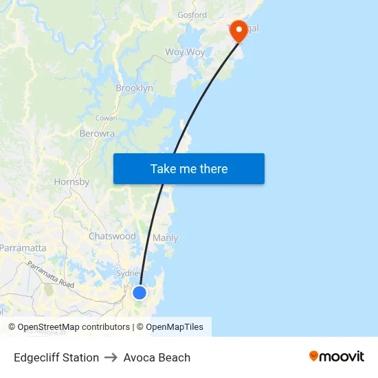 Edgecliff Station to Avoca Beach map