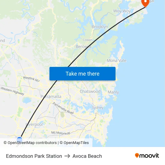 Edmondson Park Station to Avoca Beach map