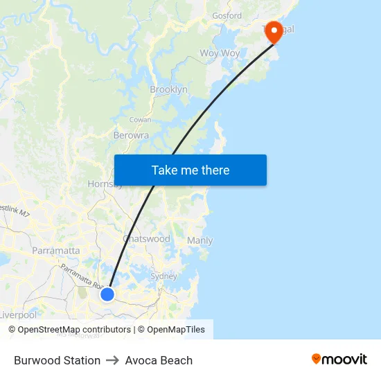 Burwood Station to Avoca Beach map