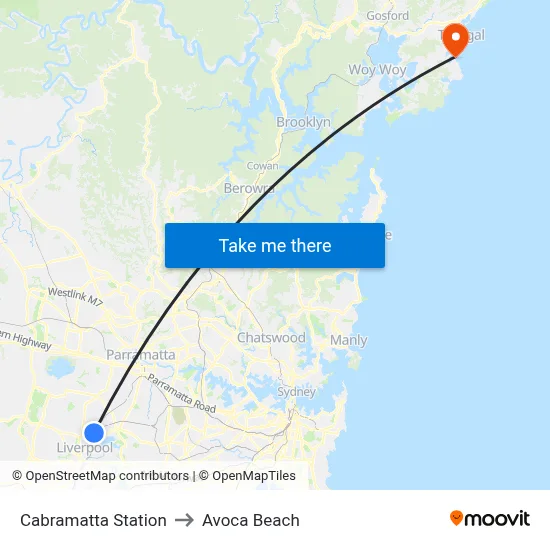 Cabramatta Station to Avoca Beach map