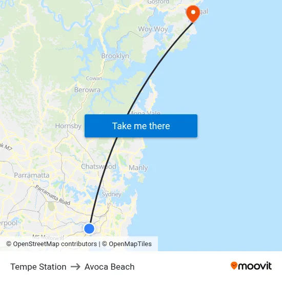 Tempe Station to Avoca Beach map