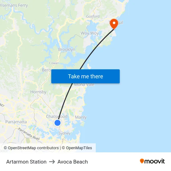 Artarmon Station to Avoca Beach map