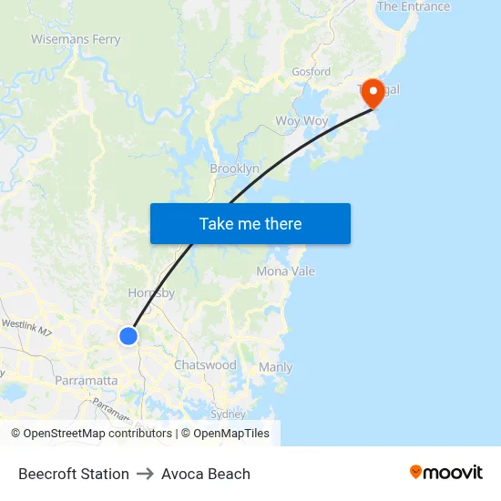 Beecroft Station to Avoca Beach map