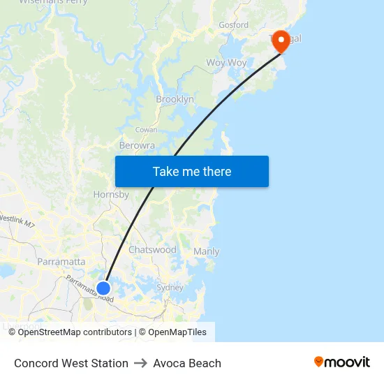 Concord West Station to Avoca Beach map
