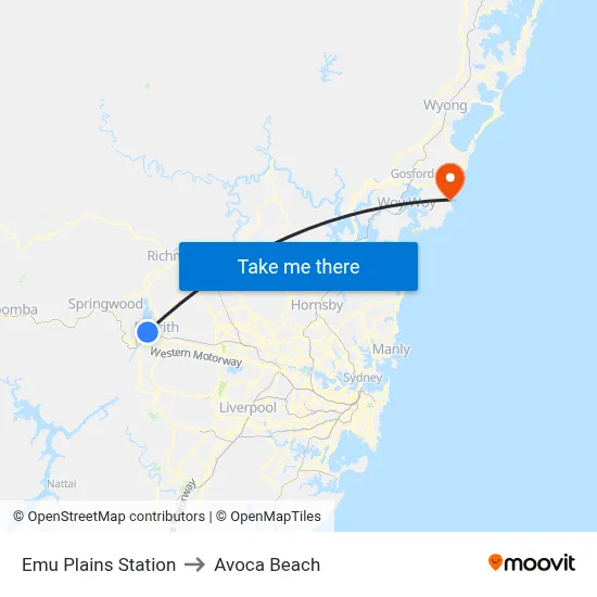 Emu Plains Station to Avoca Beach map