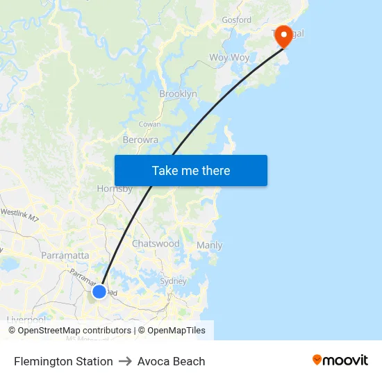 Flemington Station to Avoca Beach map