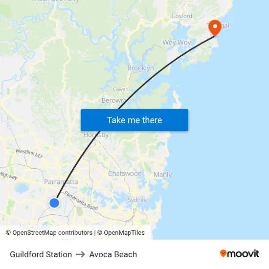 Guildford Station to Avoca Beach map