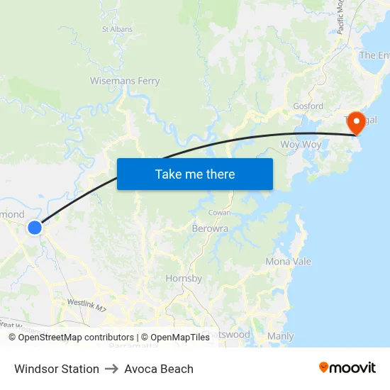 Windsor Station to Avoca Beach map