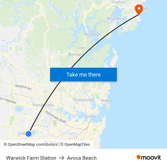 Warwick Farm Station to Avoca Beach map