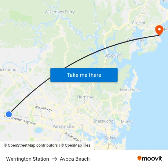 Werrington Station to Avoca Beach map