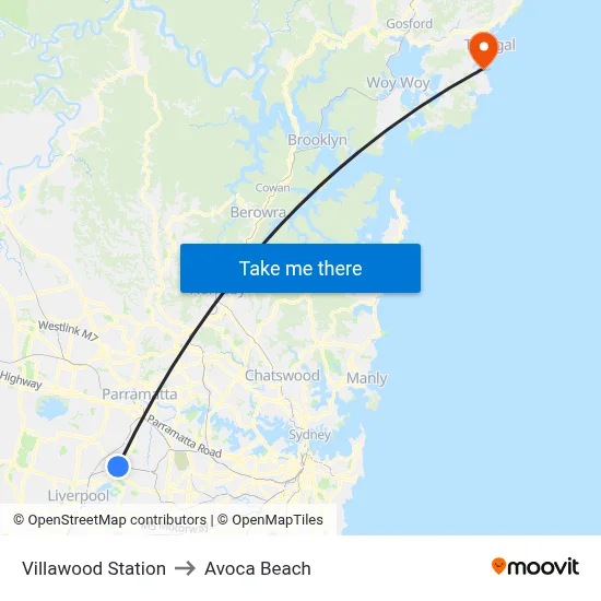 Villawood Station to Avoca Beach map