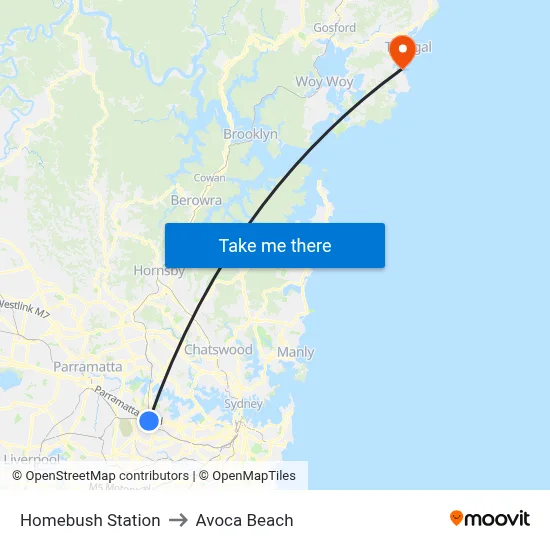 Homebush Station to Avoca Beach map