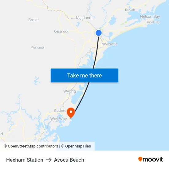 Hexham Station to Avoca Beach map