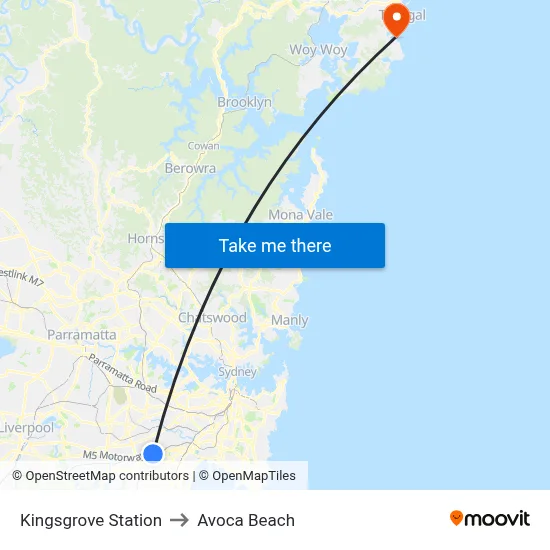 Kingsgrove Station to Avoca Beach map