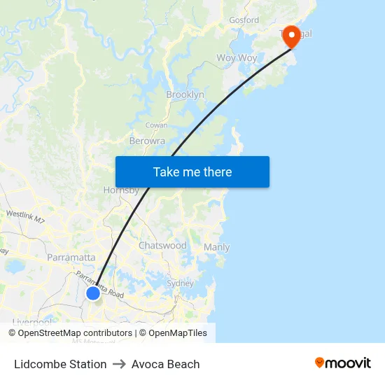 Lidcombe Station to Avoca Beach map
