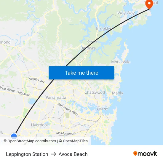 Leppington Station to Avoca Beach map