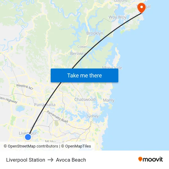 Liverpool Station to Avoca Beach map