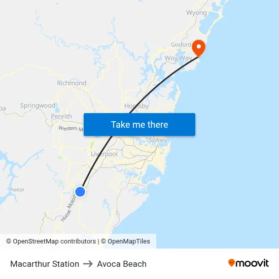 Macarthur Station to Avoca Beach map