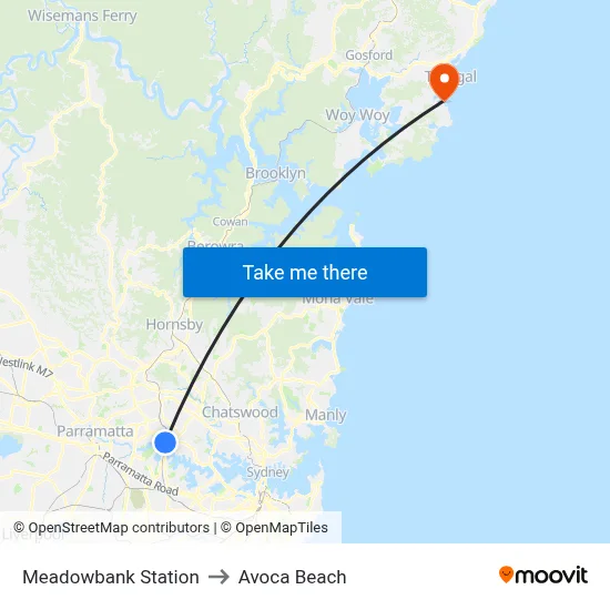 Meadowbank Station to Avoca Beach map
