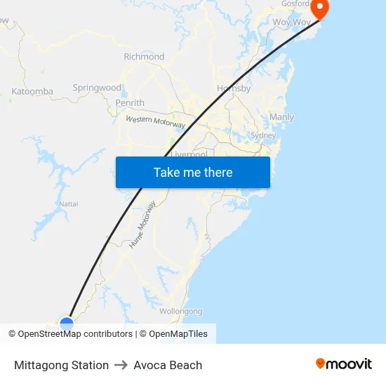Mittagong Station to Avoca Beach map