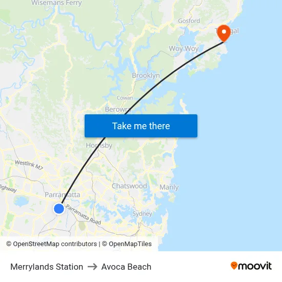 Merrylands Station to Avoca Beach map